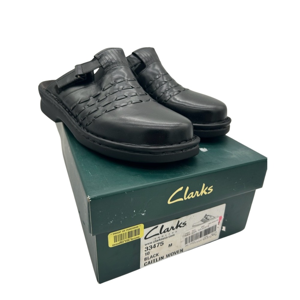 Clarks‎ Caitlin Mules Women's Size 10 M Black Woven Leather Clogs Shoes